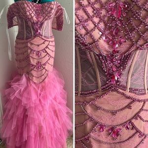 PROM SHERRI HILL PINK LACE CORSET MERMAID RUFFLE DRESS SIZE 4
